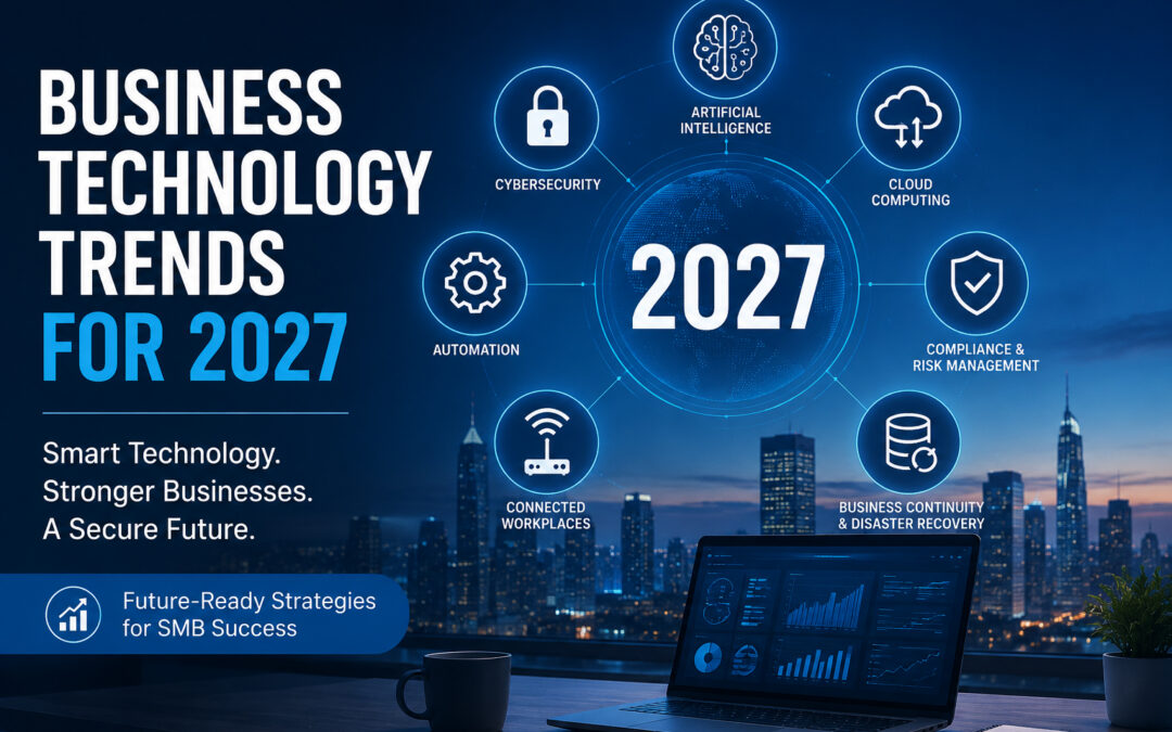 Business technology trends for 2027 featuring AI, cybersecurity, cloud computing, automation, compliance, and disaster recovery technologies.
