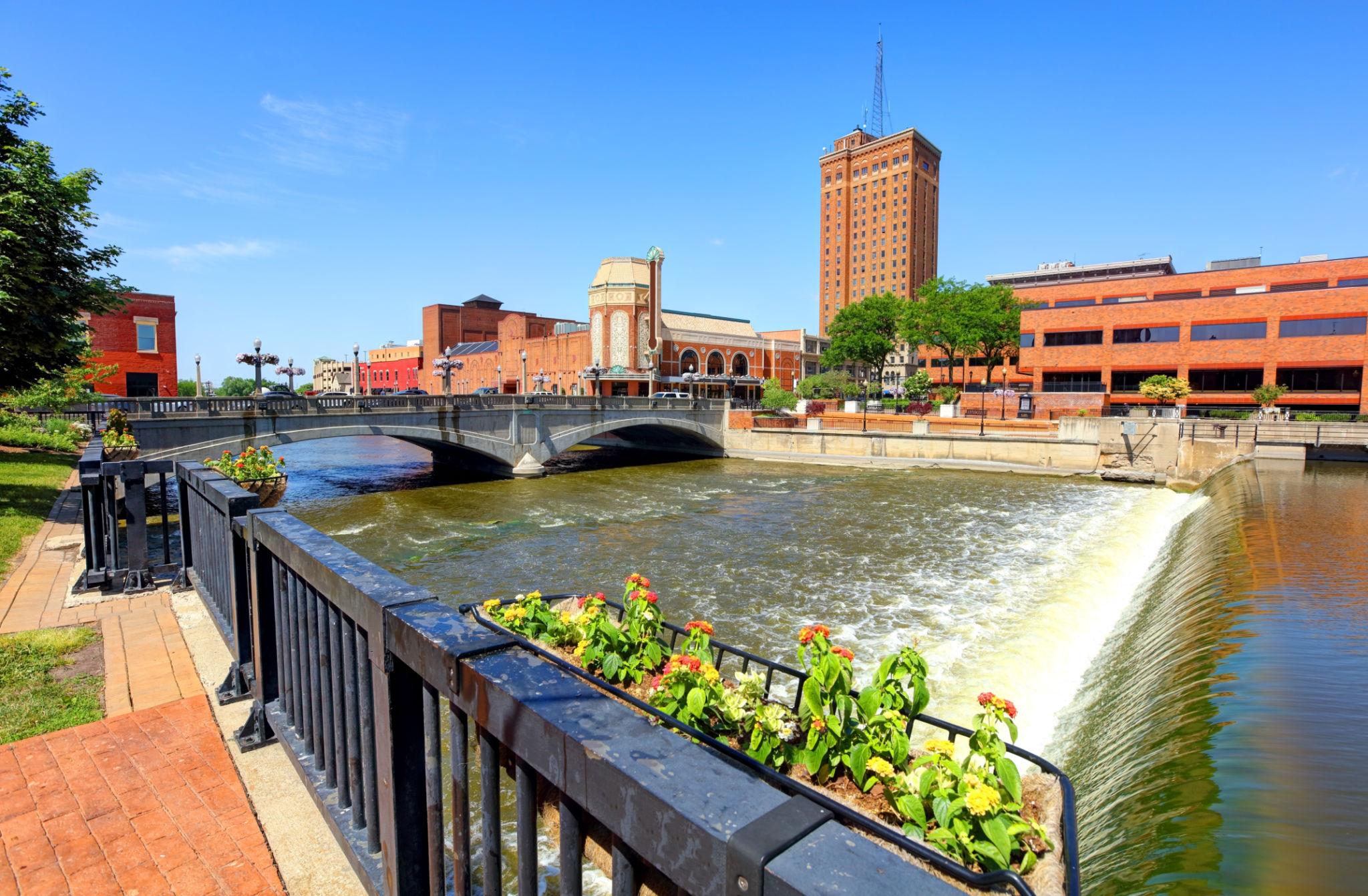 Aurora IL downtown skyline Fox River business district