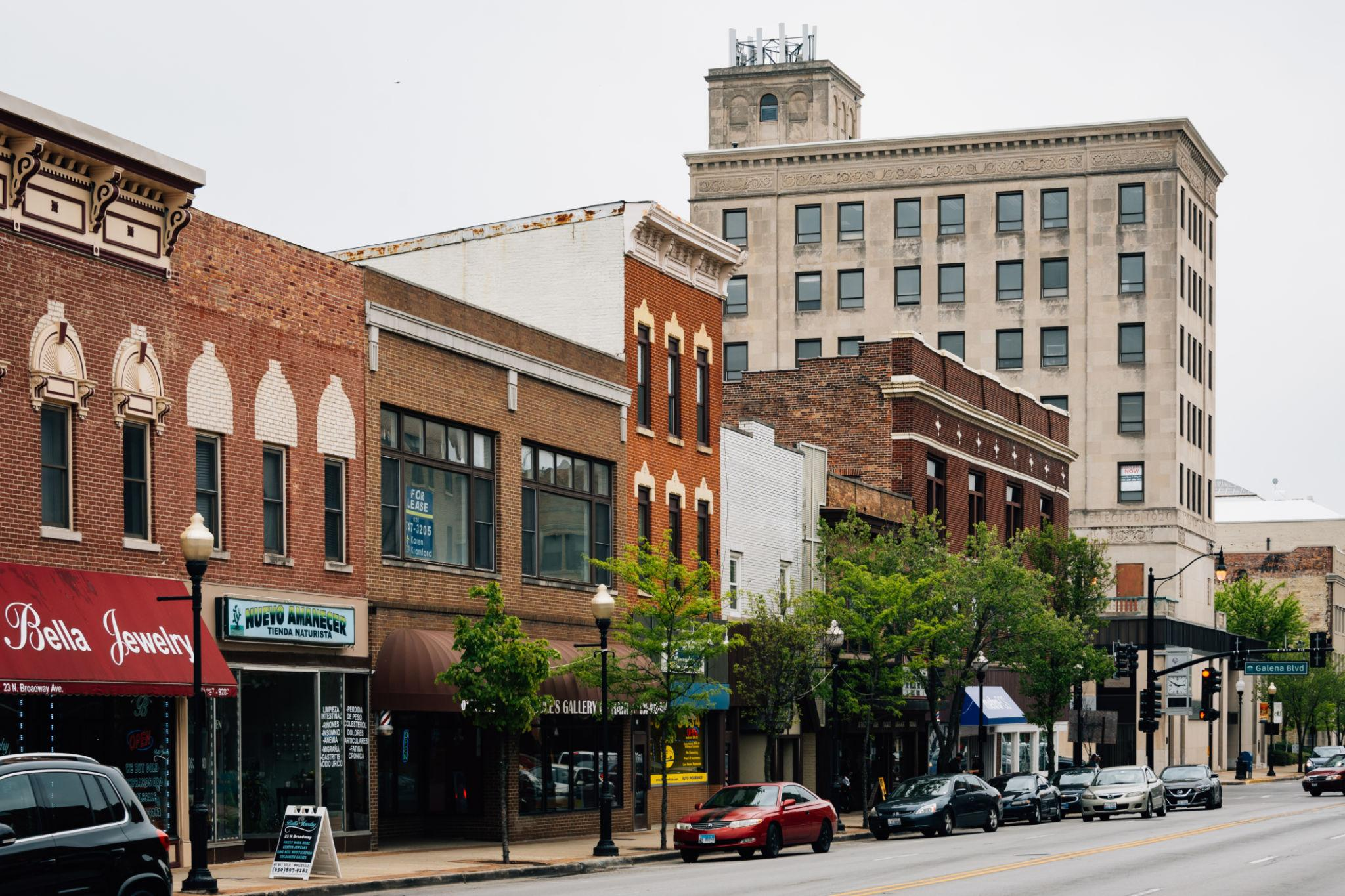 Downtown Aurora Illinois business district and commercial buildings
