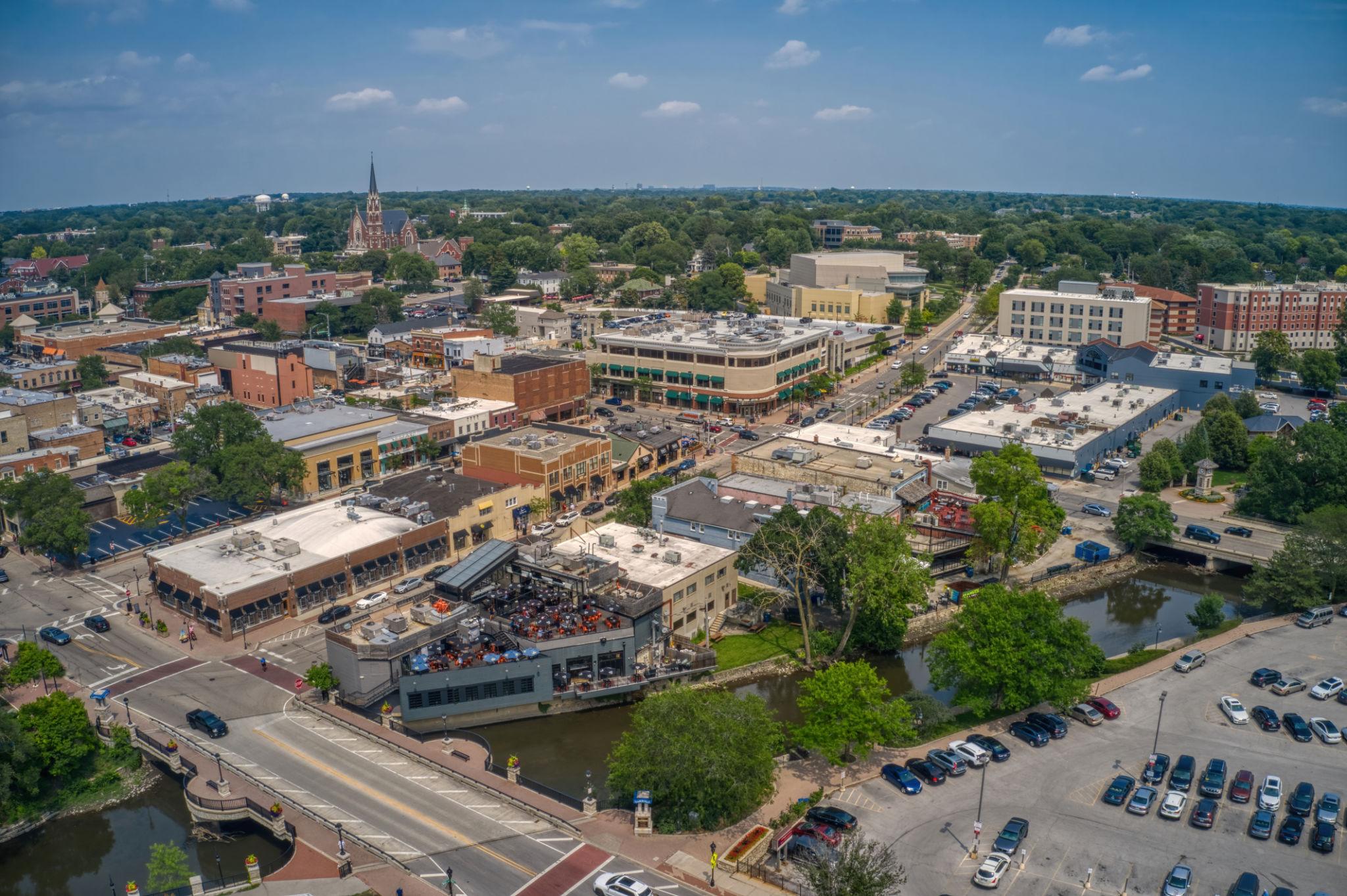 Aerial view of downtown Naperville IL business district and commercial corridor