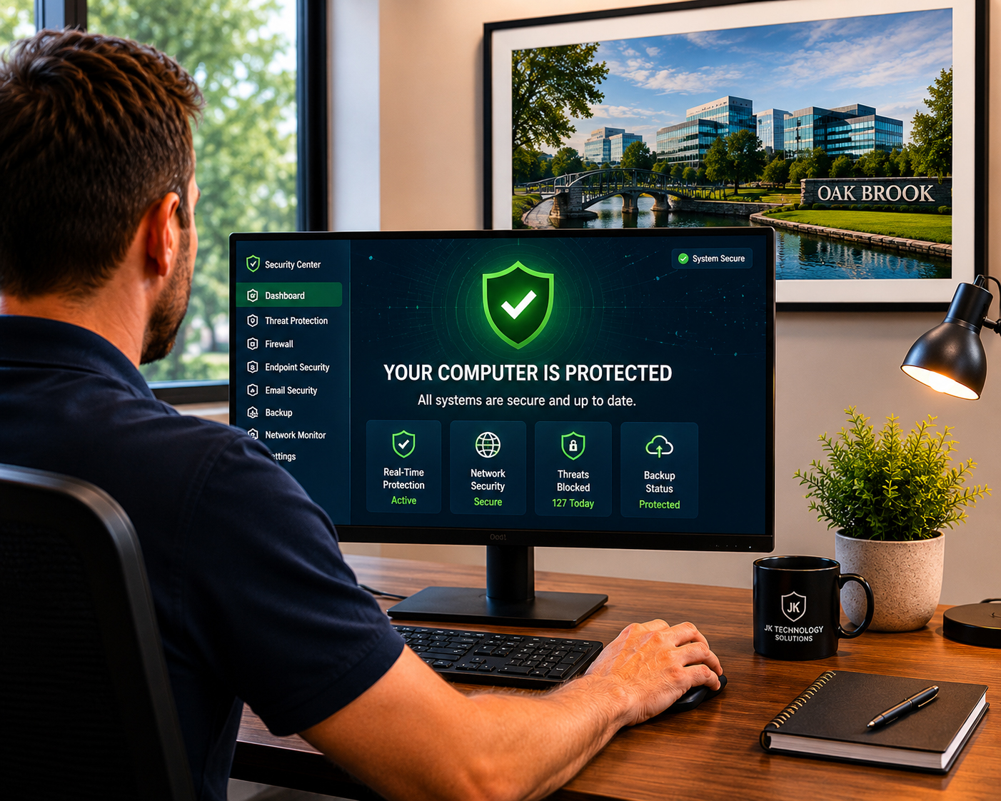 Professional working at a modern office desk viewing a protected computer security dashboard with cybersecurity monitoring and Oak Brook landmark artwork in the background.