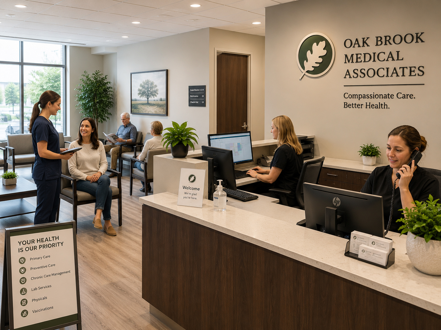 Modern Oak Brook medical practice reception area with healthcare staff working on computers, assisting patients, and managing secure healthcare technology systems in a professional medical office environment.