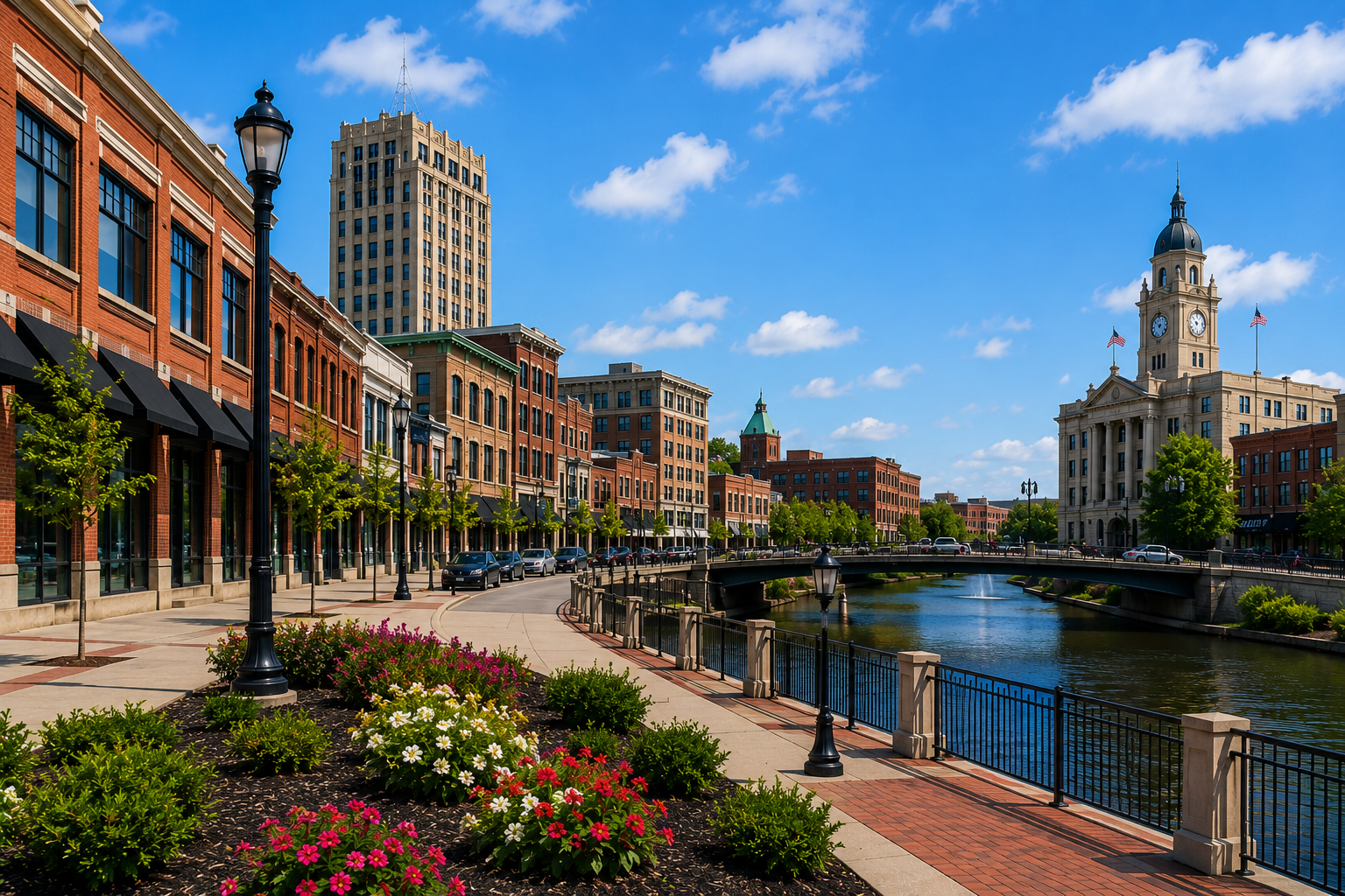Downtown Joliet business district featuring historic commercial buildings, professional offices, riverfront development, and the iconic Rialto Square area in Joliet, Illinois.