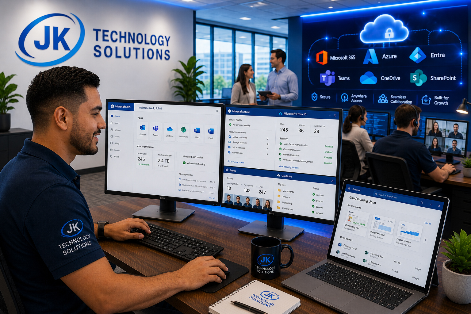 Business professionals using Microsoft 365, Azure, Entra, Teams, and cloud services to collaborate securely from anywhere.