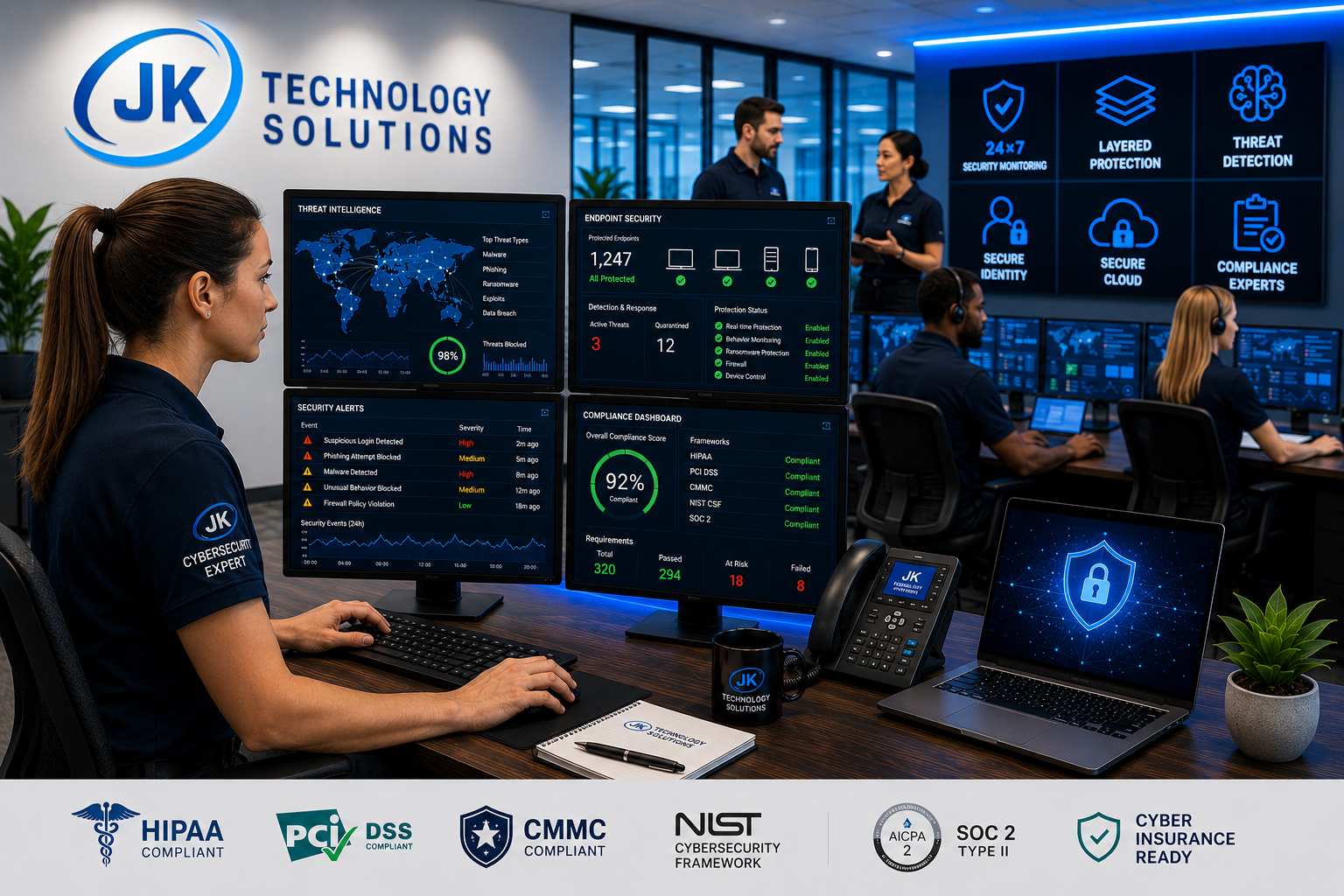 Cybersecurity professionals providing managed SOC monitoring, endpoint protection, threat detection, compliance management, and cybersecurity services for business organizations.