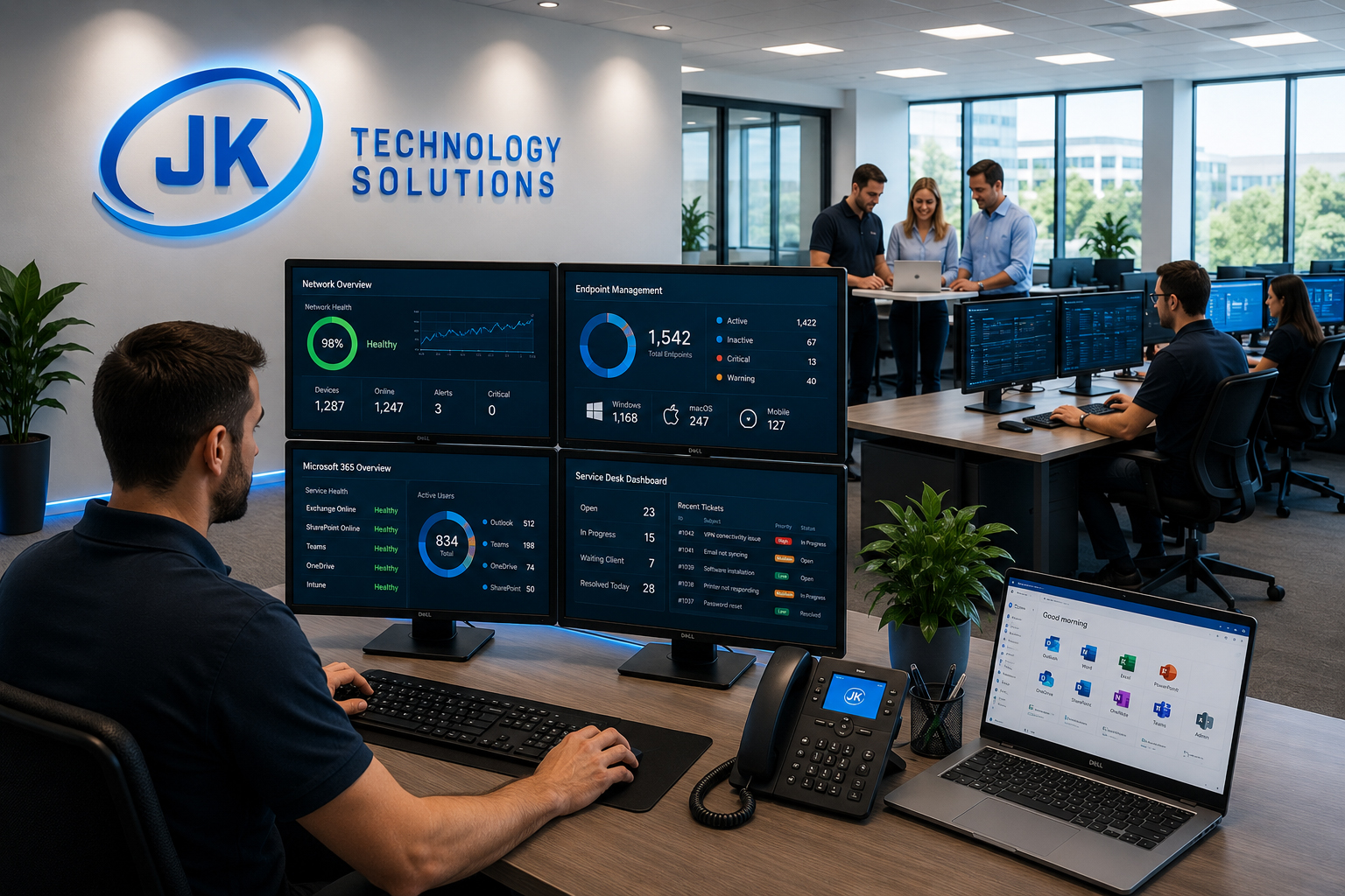 IT professionals providing managed IT services, network monitoring, endpoint management, Microsoft 365 administration, technology planning, and proactive business technology support.