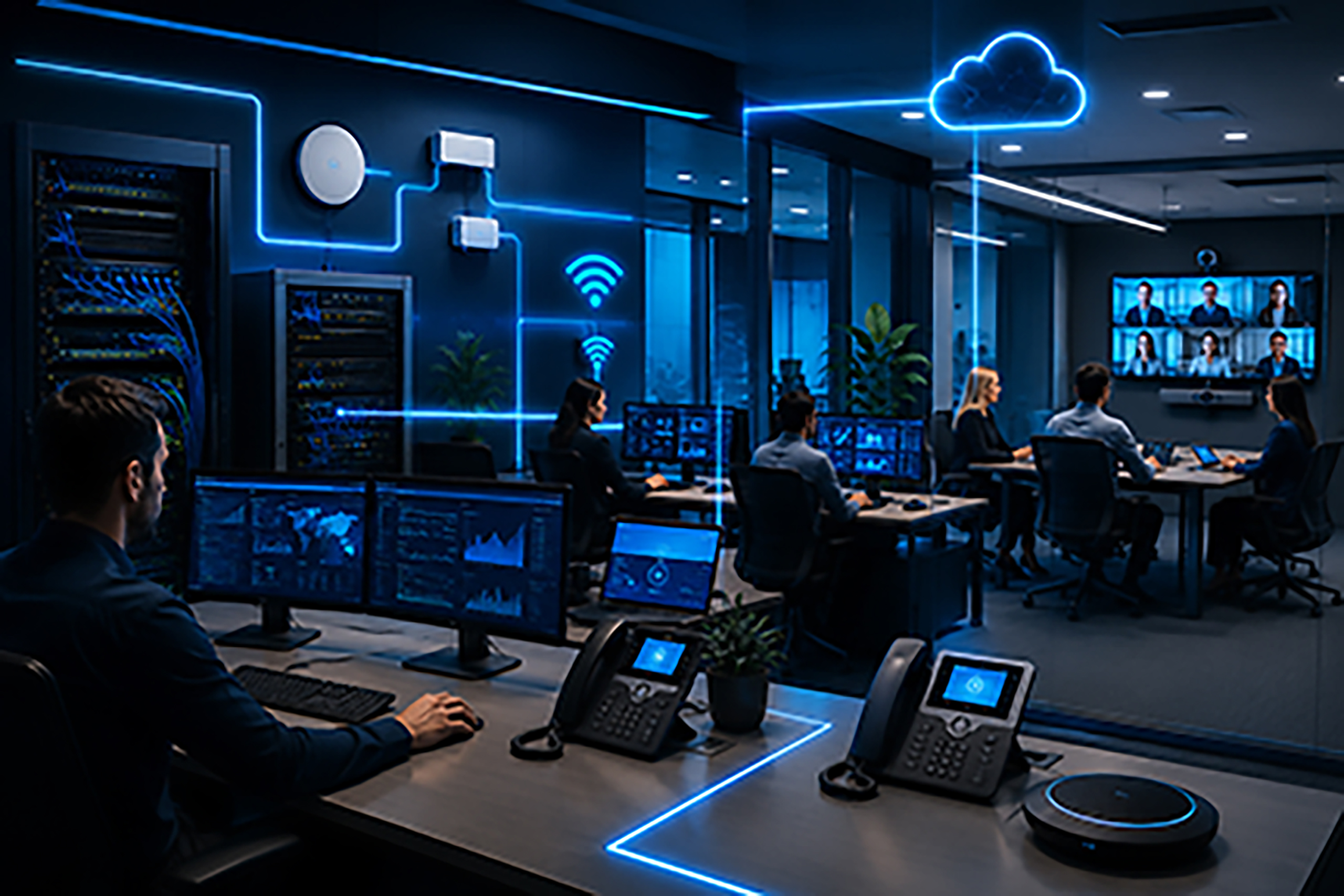 Modern business network infrastructure featuring workstations, VoIP phone systems, conference room technology, business Wi-Fi, structured cabling, network switches, and server infrastructure.