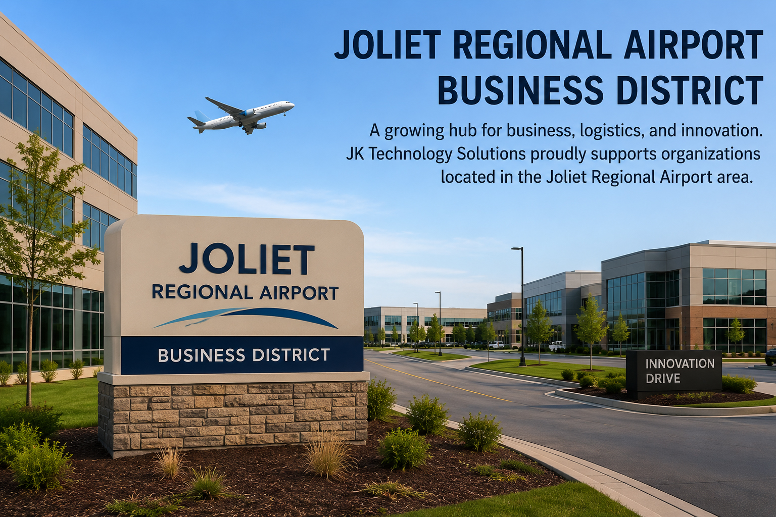 Modern office buildings and business park near Joliet Regional Airport in Joliet, Illinois, supporting aviation, logistics, and commercial businesses.