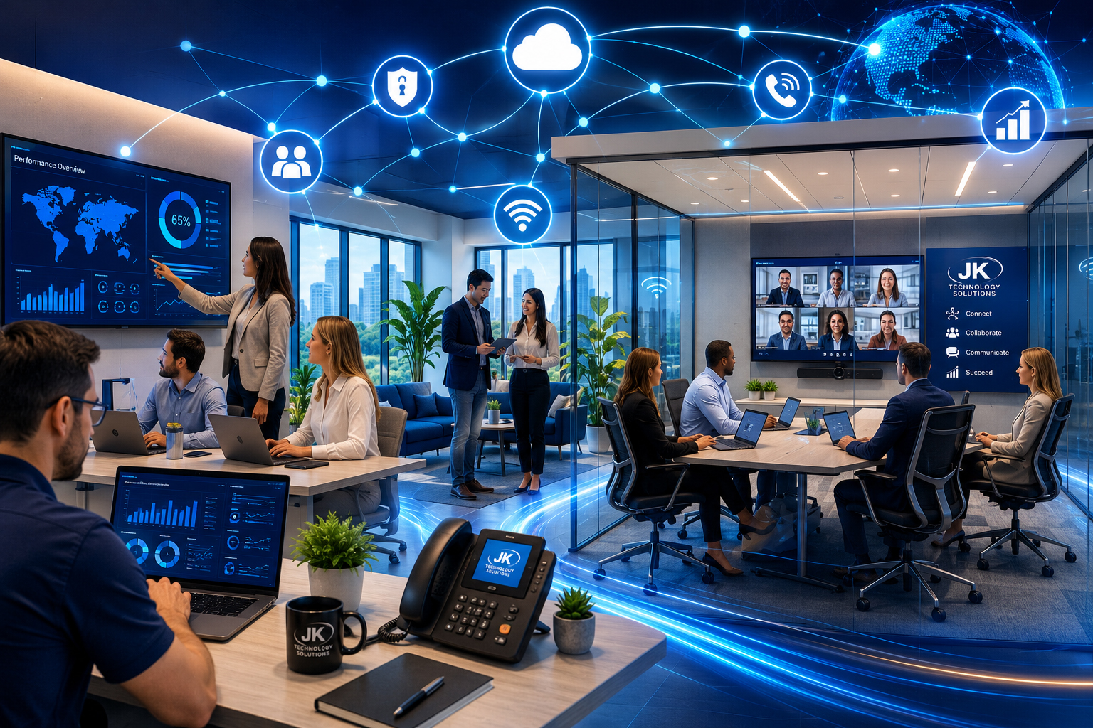 Business Network Infrastructure & Connectivity Solutions Business professionals collaborating in a modern office supported by secure network infrastructure, cloud connectivity, wireless networking, and conference room technology.