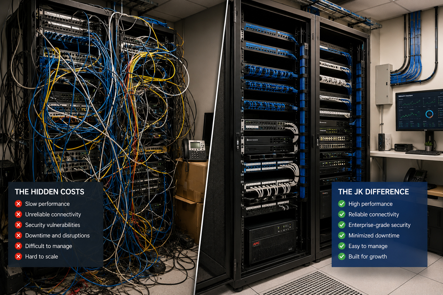 Network Infrastructure Design & Structured Cabling Comparison of poorly managed network cabling versus professionally designed network infrastructure in a modern business server room.