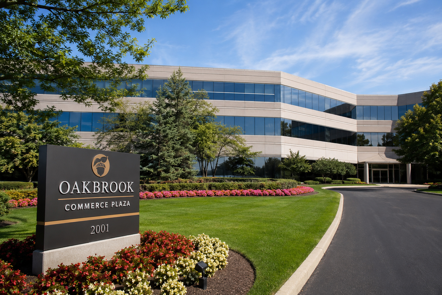 Modern corporate office campus in Oak Brook, Illinois, featuring professional office buildings, landscaped grounds, and a business-friendly environment.