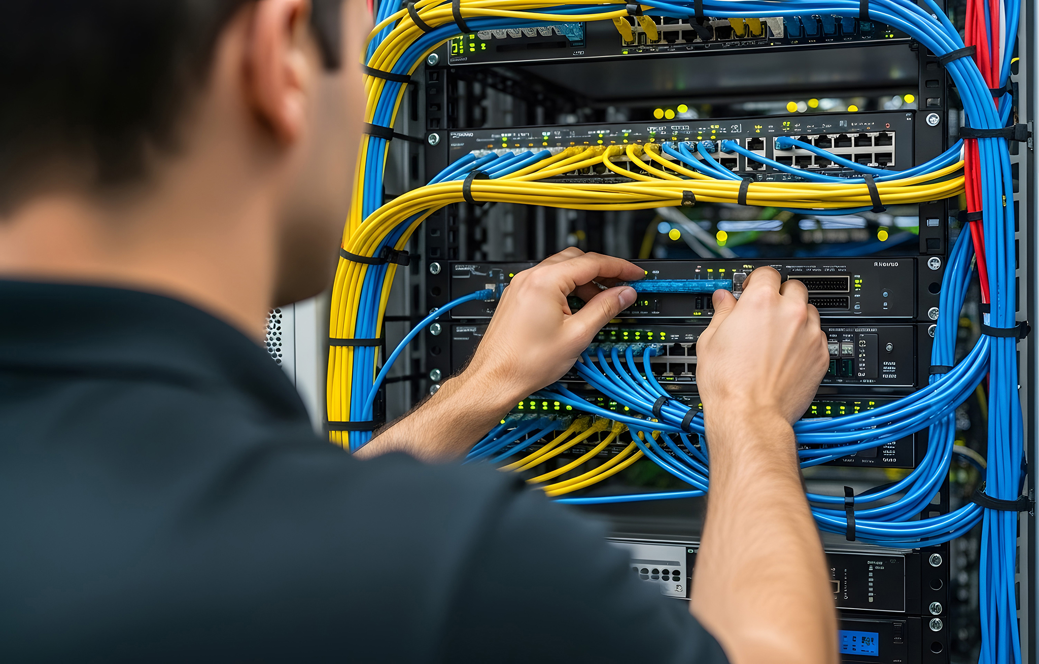 Network engineer installing and managing business network cabling and infrastructure equipment for an Oak Brook Illinois office.
